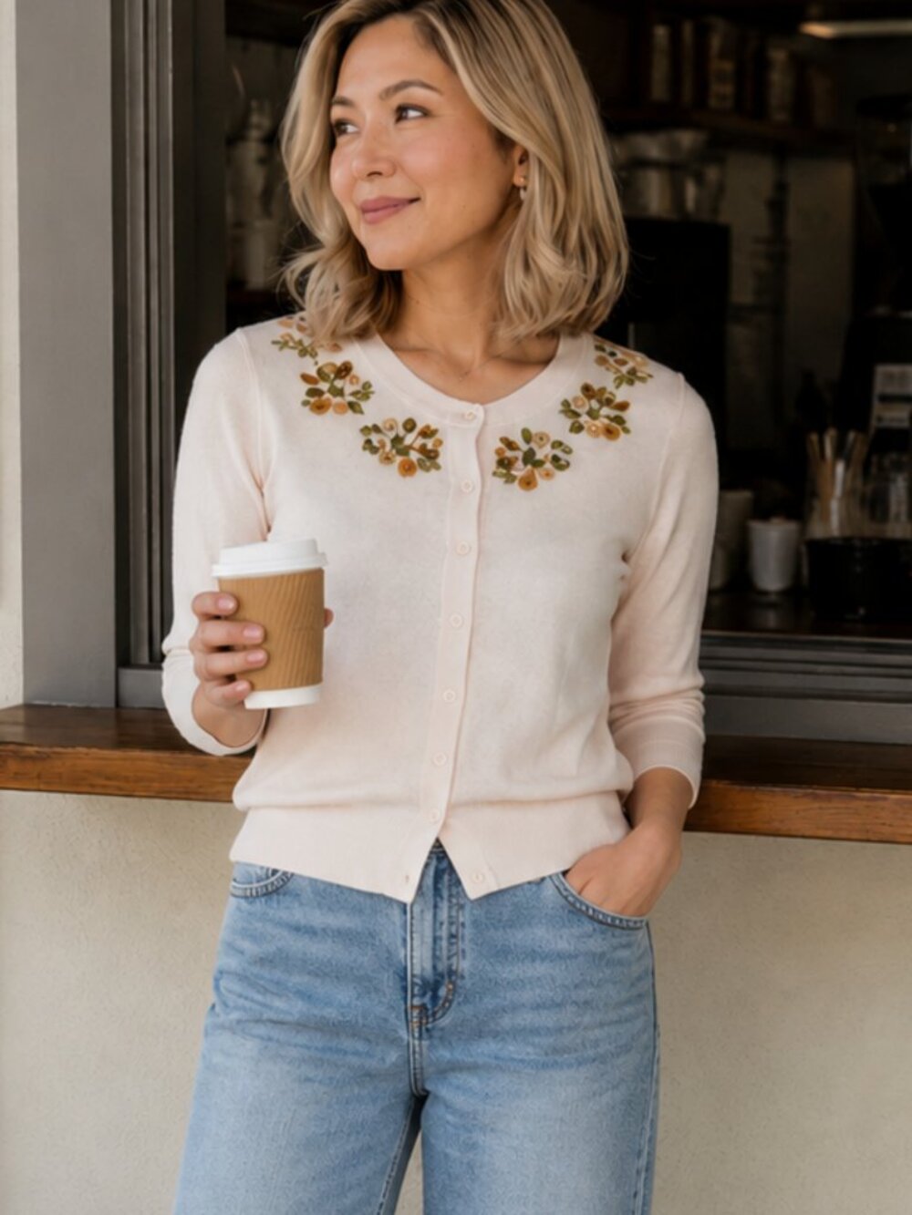 Kate Spade Embellished Jeweled Neck Soft Cardigan Blush Pink 3/4 Sleeve‎ Medium